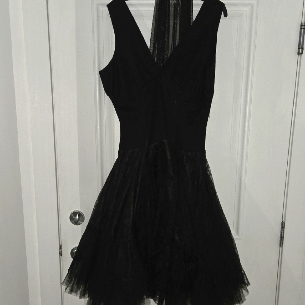 Elegant Black Sleeveless Lace Dress With Boning. P2P 19 W 16
